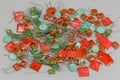 Different ceramic and film fixed capacitors on a gray surface Royalty Free Stock Photo