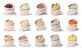 Different cereal grains and beans in sacks on white background, collection Royalty Free Stock Photo
