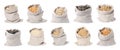 Different cereal grains, seeds and beans in sacks on white background, collection Royalty Free Stock Photo