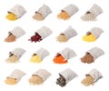 Different cereal grains, seeds and beans in sacks on white background, collection Royalty Free Stock Photo