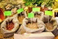 Different cereals on market stall Royalty Free Stock Photo