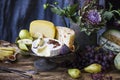 The different cheese, fresh fruit and garden flowers on old wood