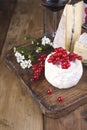 Different cheese with white and blue mold. A glass of red wine and fresh red currant berries. White flowers. Wooden background and Royalty Free Stock Photo