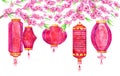 Different Chinese paper lanterns on the blooming tree branches. Hand drawn watercolor illustration