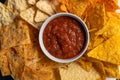 Different chips and salsa close-up, top view Royalty Free Stock Photo