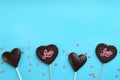 Different chocolate heart shaped lollipops and sprinkles on light blue background, flat lay. Space for text Royalty Free Stock Photo