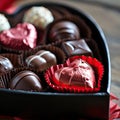 different chocolate pralines in a heart shaped box for valentines day