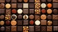 Different Chocolate Sweets Rows In A Box. Delicious Milk Choco Sugar Dessert Treats. Close Up Gourmet Candy Decorated