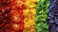 Different choped vegetables arrange in the colors of the rainbow