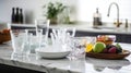 Different clean dishware and glasses on white marble table in kitchen, generative ai Royalty Free Stock Photo