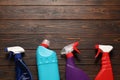 Different cleaning products on wooden table, flat lay. Space for text Royalty Free Stock Photo