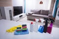 Different Cleaning Spray Bottles On White Desk Royalty Free Stock Photo