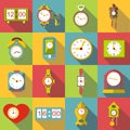 Different clocks icons set, flat style