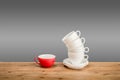 Different coffee cups on the wooden table