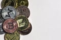 different coins cryptocurrencies bitcoin litcoin Ethereum and others close up on a light background Royalty Free Stock Photo