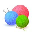 Different color balls of yarn threads. Bundles of wool for knitting isolated on white background. Realistic detailed colored yarn Royalty Free Stock Photo