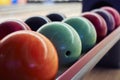 Bowling balls in a row Royalty Free Stock Photo