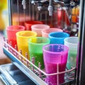 Different color bright glasses with liquid standing in juice pouring machine. Day of Freedom and Equality, Pride day