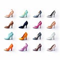 Different color and design stylish high heeled woman shoes on white background. Footwear pattern. Shop sale concept