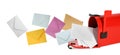 Different color envelopes flying out from red letter box on white background. Banner design