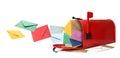 Different color envelopes flying out from red letter box on white background. Banner design