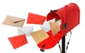 Different color envelopes flying out from red letter box on white background