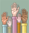 Different color hands lifted up vector