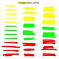 Different color highlight marker stripes isolated on white background. Vector yellow, green and red design elements.