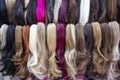 Different color human hair extensions in wig shop