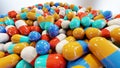different color medical pills, Colorful capsules, painkillers, antibiotics, vitamins and aspirin. Pharmacy and drug,