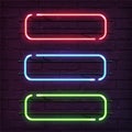 Different color neon frames. Vector realistic neon rectangles on brick wall.