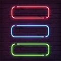 Different color neon frames. Vector realistic neon rectangles on brick wall.