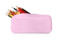 Different color pencils in pink case on white background. School stationery Royalty Free Stock Photo