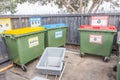 Different color on plastic recycle bins in public park, environmental concept.