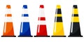 Traffic cones set with reflective stripes stickers vector flat design illustration isolated on white background. Royalty Free Stock Photo