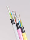 Different colored fiber optic cable ends with stripped jacket layers and exposed colored fibers Royalty Free Stock Photo