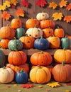 different colored Halloween pumpkins with orange leaves