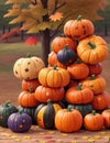 different colored Halloween pumpkins are piled under a tree