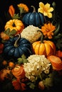 Different Colored Pumpkins and Flowers