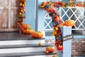 Different colored pumpkins in front door On Wooden Steps. Porch of yard decorated with orange pumpkins in autumn