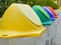 Different colored recycle garbage trash Bins in the park. Royalty Free Stock Photo