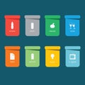 Different colored recycle waste bins illustration.Colored waste bins with trash