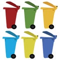 Different colored recycle waste bins vector illustration with trash. Royalty Free Stock Photo