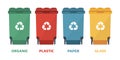 Different colored recycle waste bins vector illustration, Waste types segregation recycling.