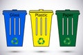 Different colored recycle waste bins. Waste types segregation recycling vector illustration. Plastic paper, glass. Royalty Free Stock Photo