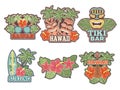 Different colored stickers and badges set with symbols of hawaiian culture