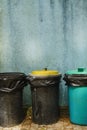 Different colored trash bins for separate waste in the street, recycling and environmental concept, blue grungy wall background Royalty Free Stock Photo