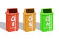 Different colored trash cans