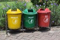 Different colored trash cans in the park. B3 (Hazardous waste), non organic and organic waste suitable for recycling