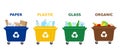 Different colored trash containers with paper, plastic, glass and organic waste suitable for recycling on white background